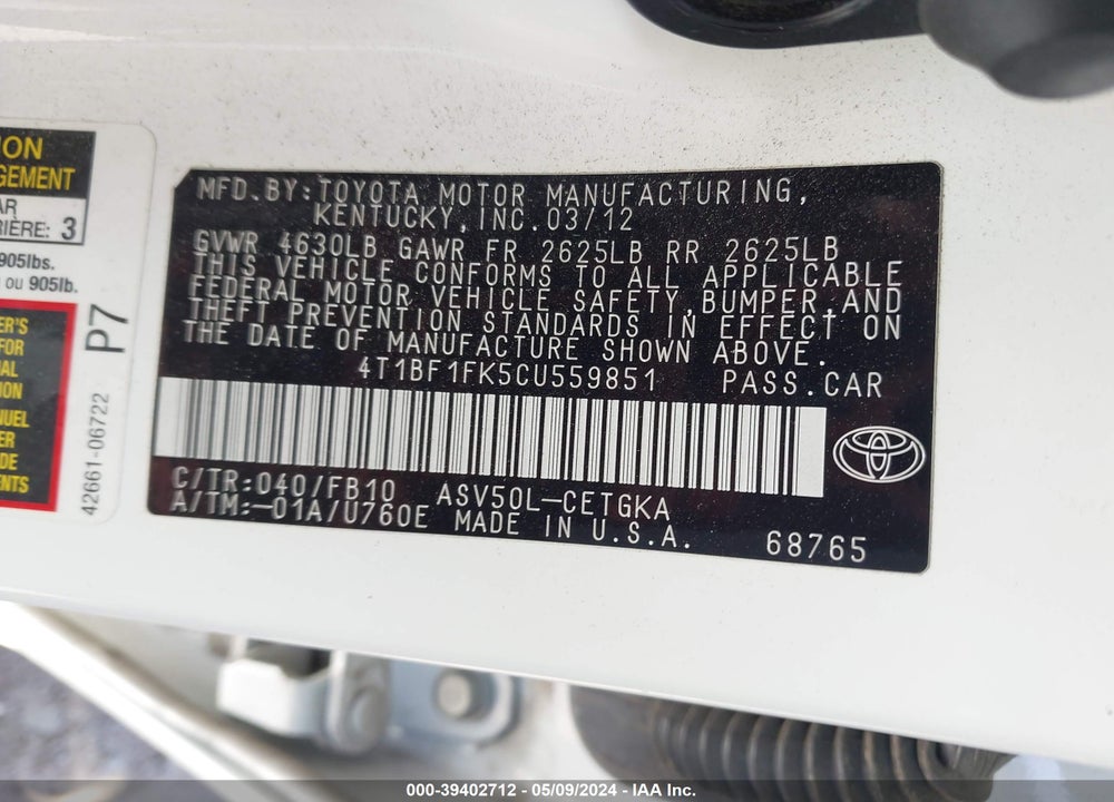 2012 TOYOTA CAMRY XLE VIN: 4T1BF1FK5CU559851