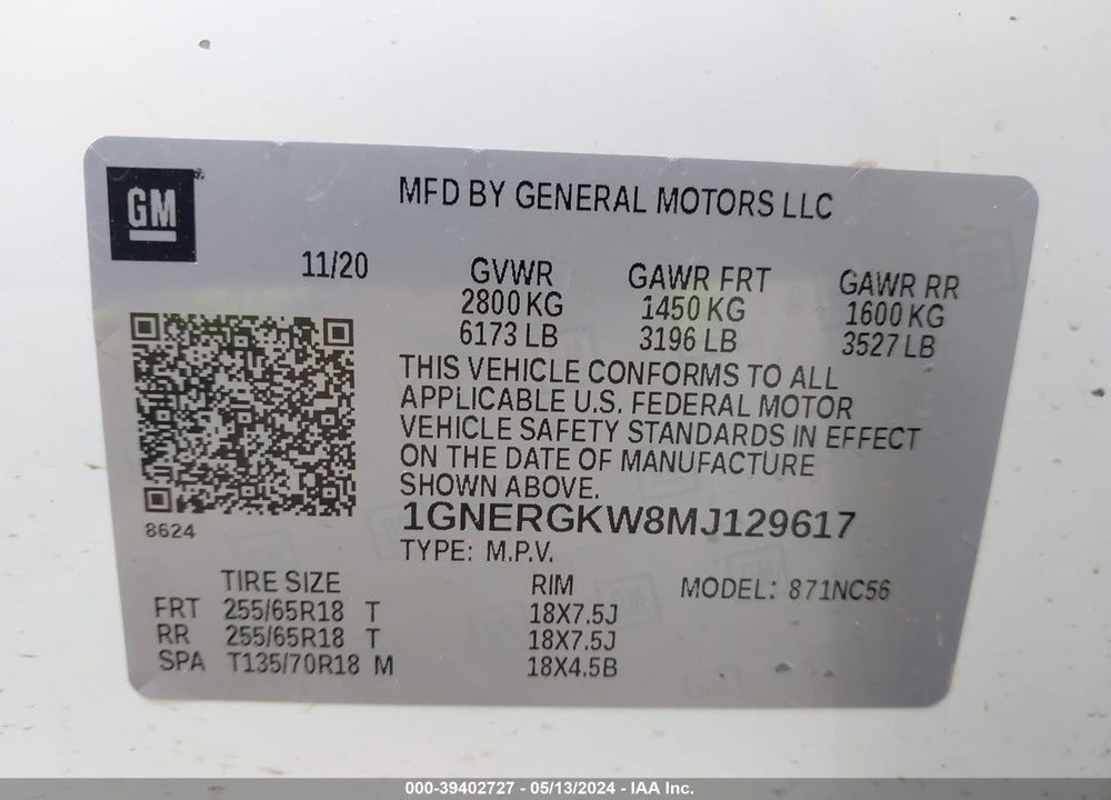 2021 CHEVROLET TRAVERSE FWD LT CLOTH VIN: 1GNERGKW8MJ129617