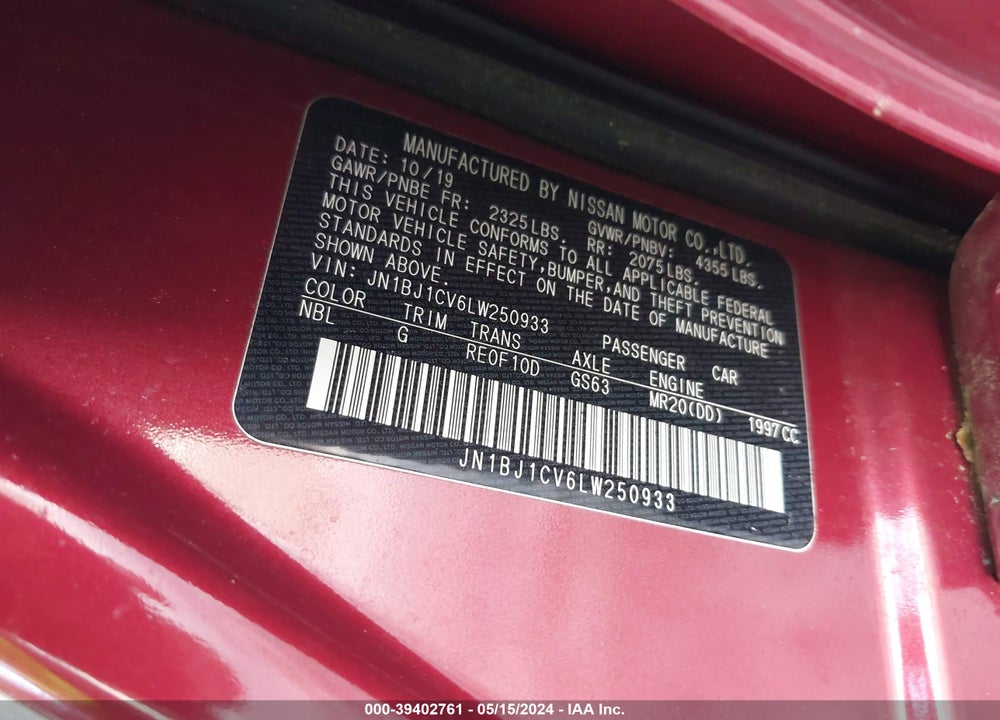 2020 NISSAN ROGUE SPORT S FWD XTRONIC CVT VIN: JN1BJ1CV6LW250933