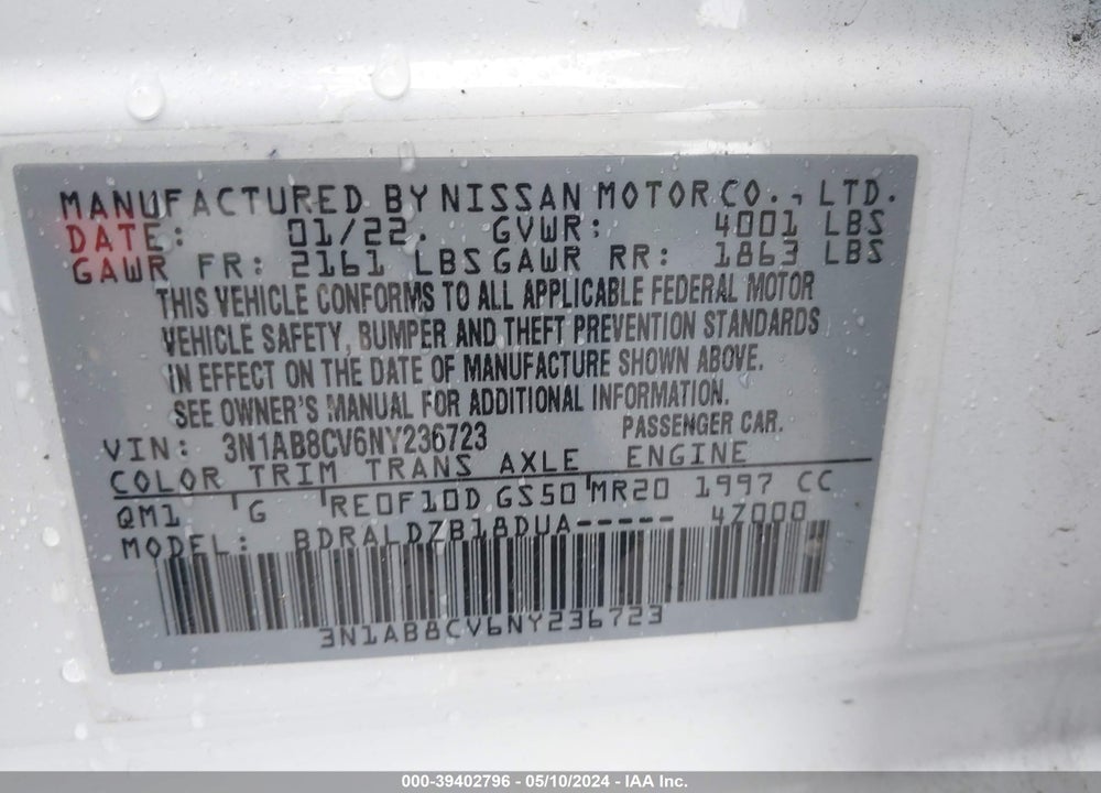 2022 NISSAN SENTRA SV XTRONIC CVT VIN: 3N1AB8CV6NY236723