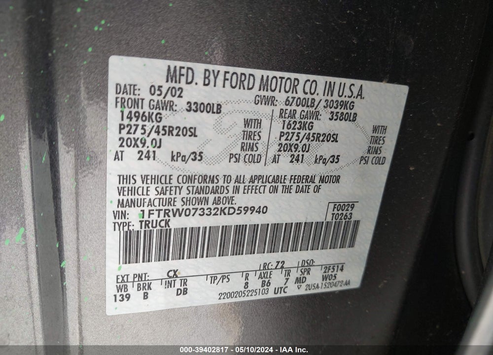 2002 FORD F-150 LARIAT VIN: 1FTRW07332KD59940
