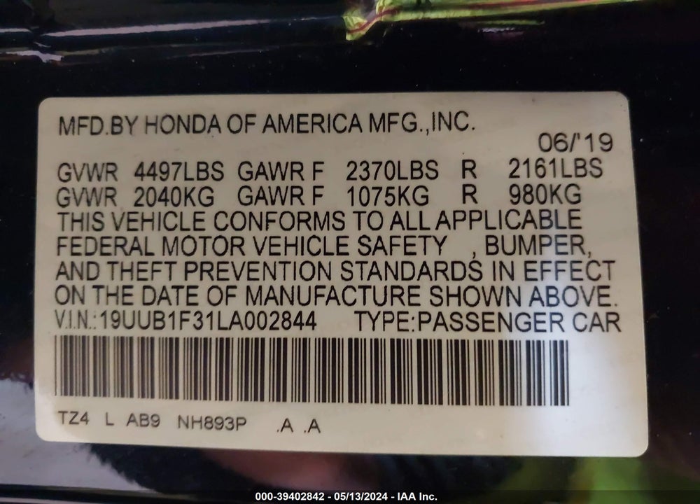 2020 ACURA TLX STANDARD VIN: 19UUB1F31LA002844