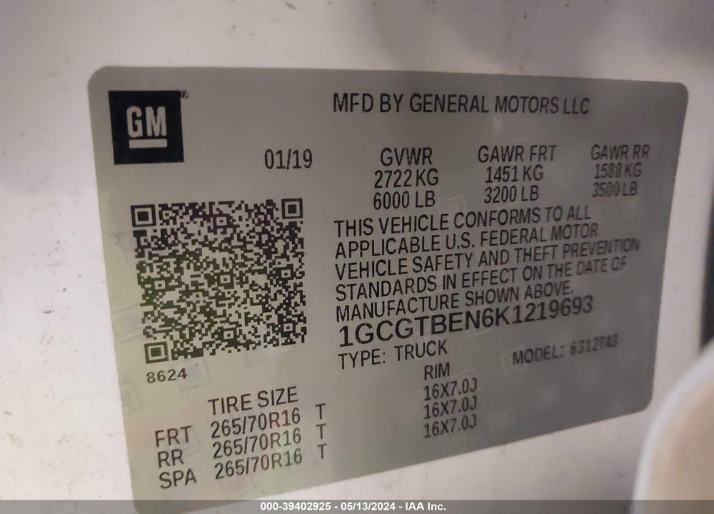 2019 CHEVROLET COLORADO WT VIN: 1GCGTBEN6K1219693
