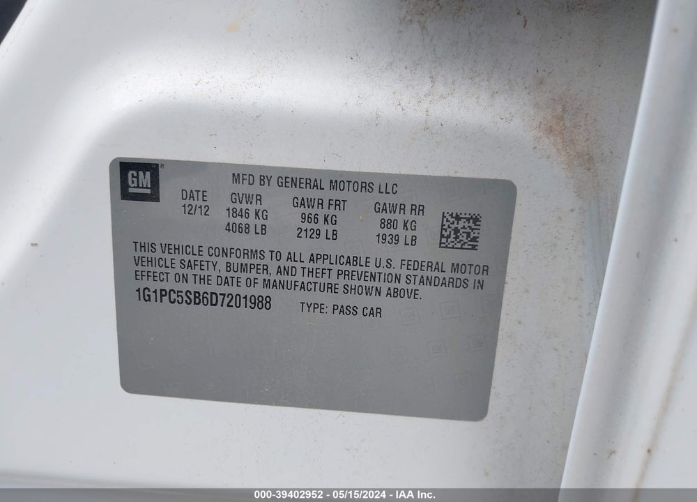 2013 CHEVROLET CRUZE 1LT AUTO VIN: 1G1PC5SB6D7201988