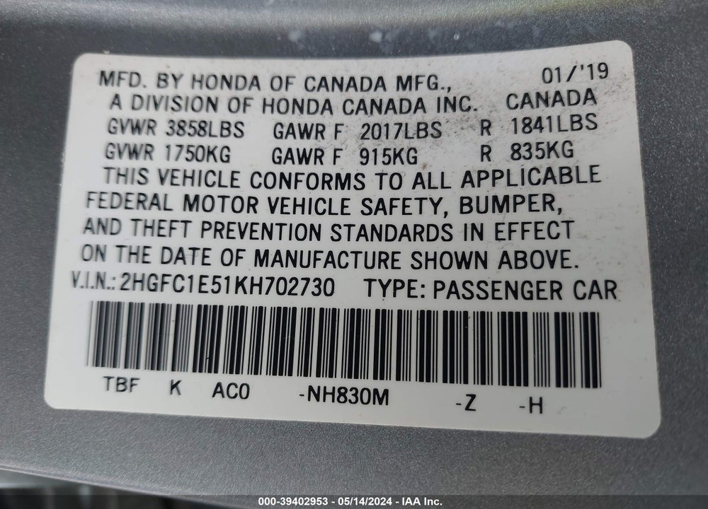 2019 HONDA CIVIC SI VIN: 2HGFC1E51KH702730