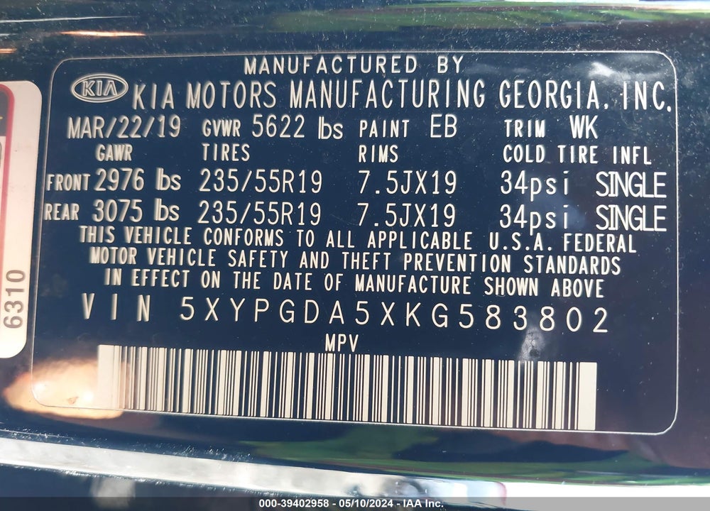2019 KIA SORENTO 3.3L S VIN: 5XYPGDA5XKG583802