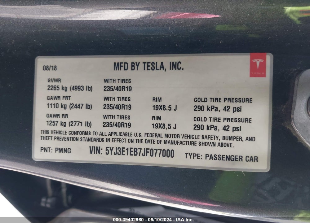 2018 TESLA MODEL 3 LONG RANGE/PERFORMANCE VIN: 5YJ3E1EB7JF077000