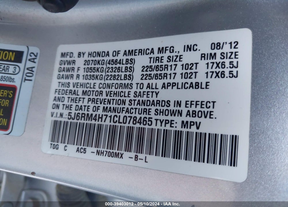 2012 HONDA CR-V EX-L VIN: 5J6RM4H71CL078465