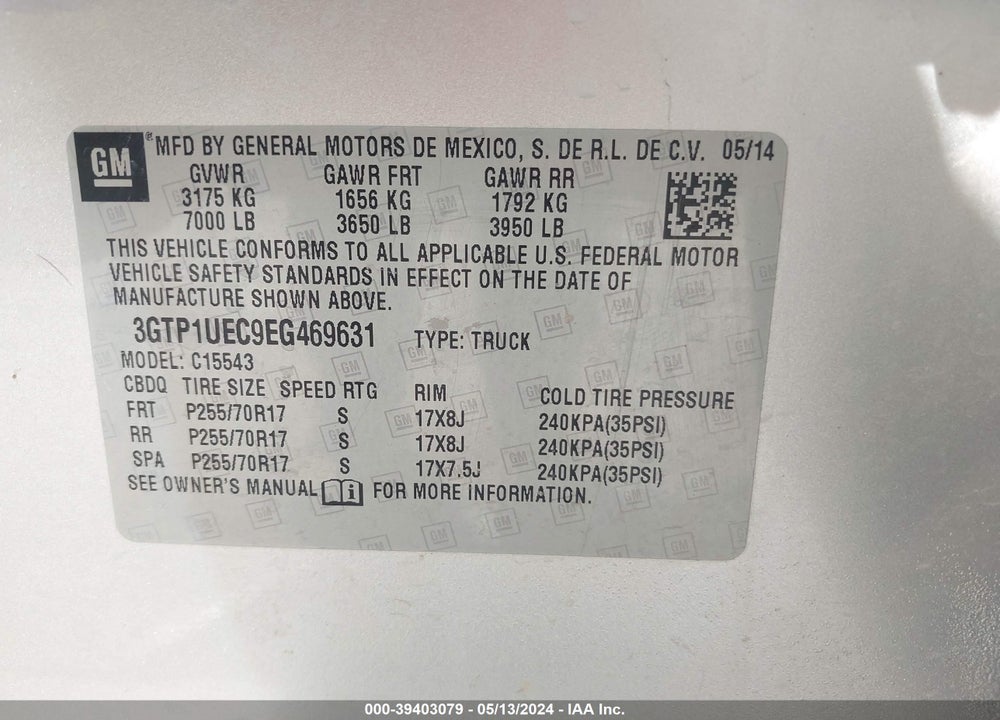 2014 GMC SIERRA 1500 SLE VIN: 3GTP1UEC9EG469631