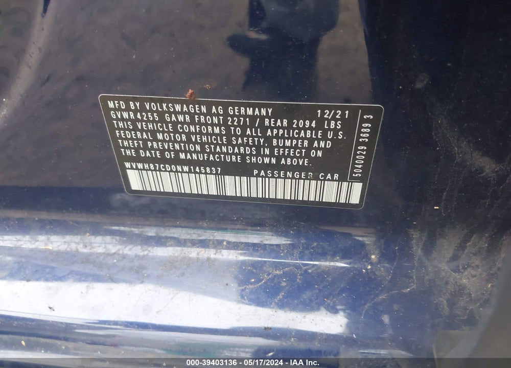 2022 VOLKSWAGEN GOLF GTI 2.0T S VIN: WVWH87CD0NW145837