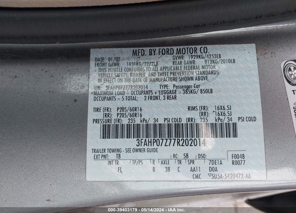 2007 FORD FUSION SE VIN: 3FAHP07Z77R202014