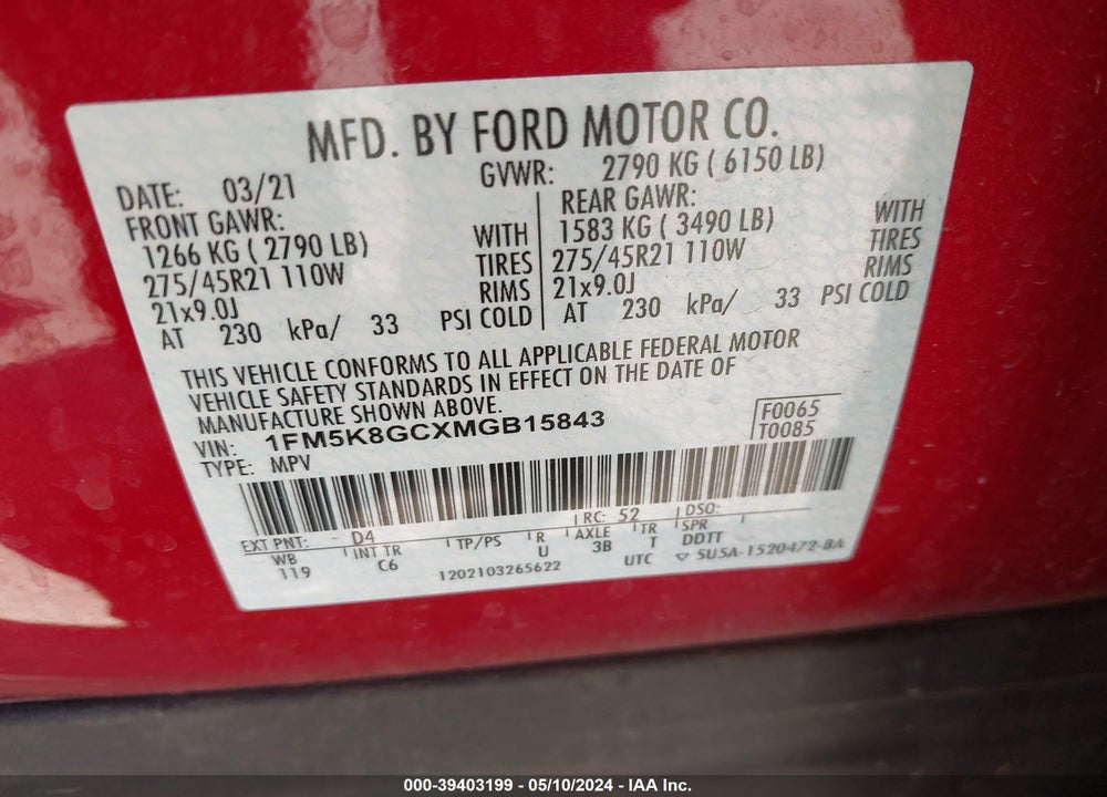2021 FORD EXPLORER ST VIN: 1FM5K8GCXMGB15843