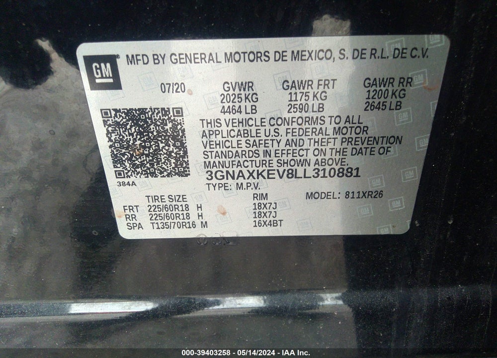 2020 CHEVROLET EQUINOX FWD LT 1.5L TURBO VIN: 3GNAXKEV8LL310881