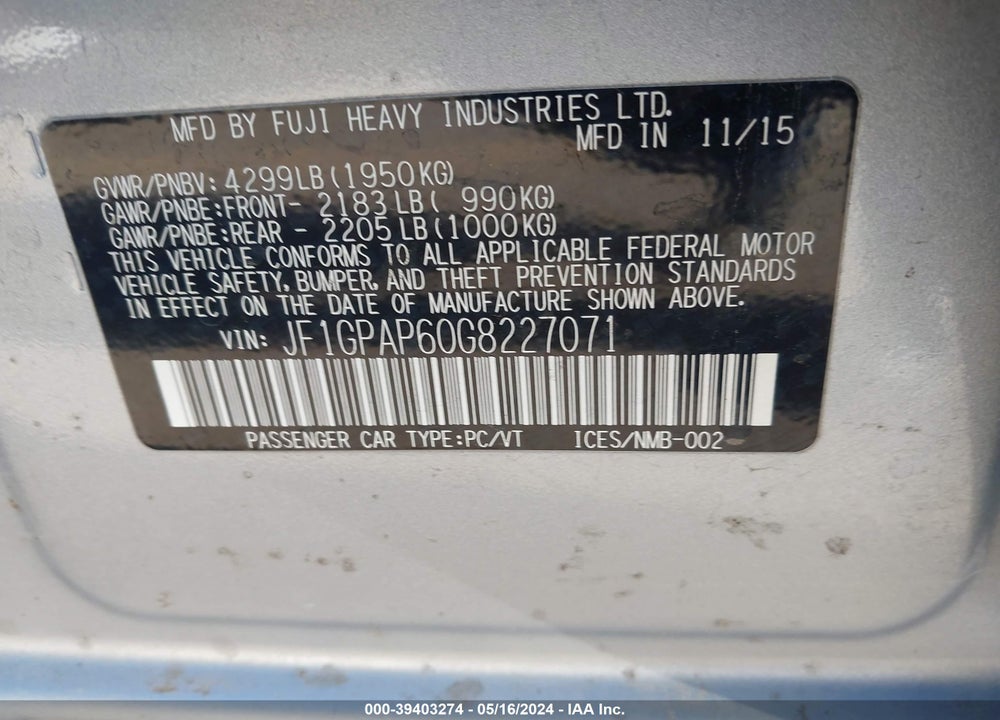 2016 SUBARU IMPREZA 2.0I SPORT PREMIUM VIN: JF1GPAP60G8227071