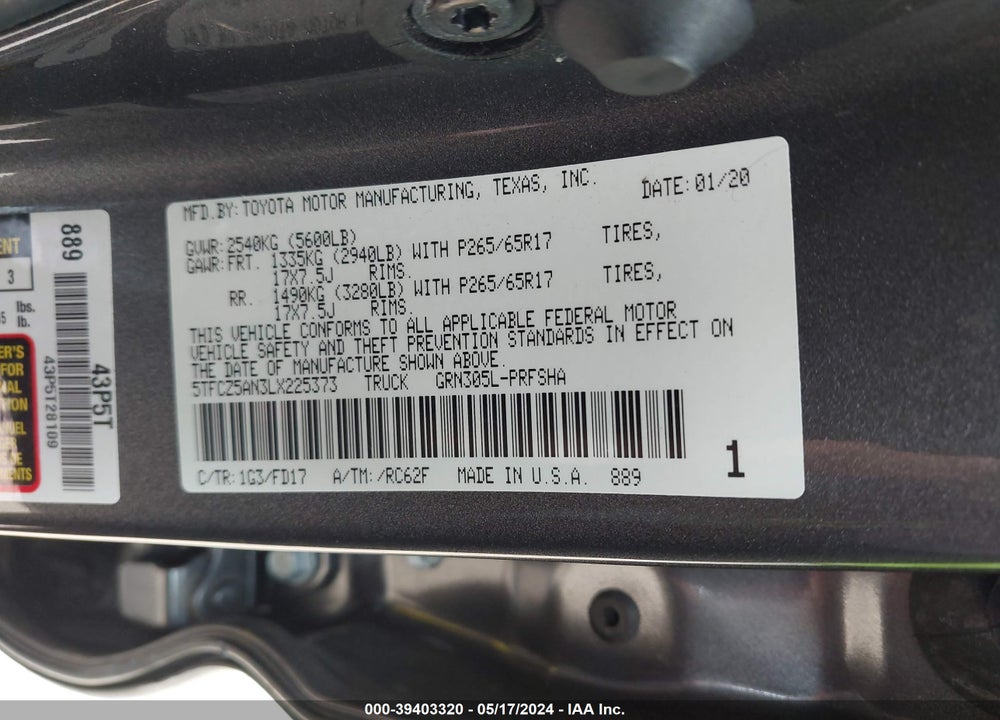 2020 TOYOTA TACOMA TRD SPORT VIN: 5TFCZ5AN3LX225373