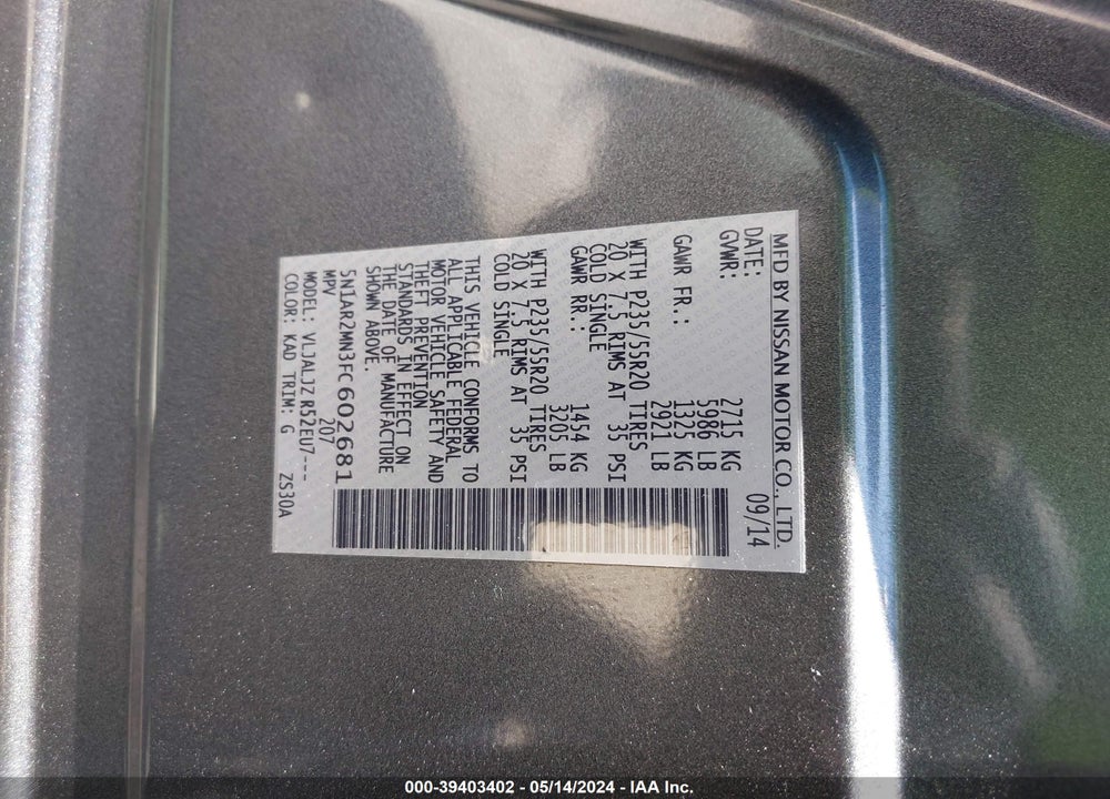 2015 NISSAN PATHFINDER PLATINUM VIN: 5N1AR2MN3FC602681