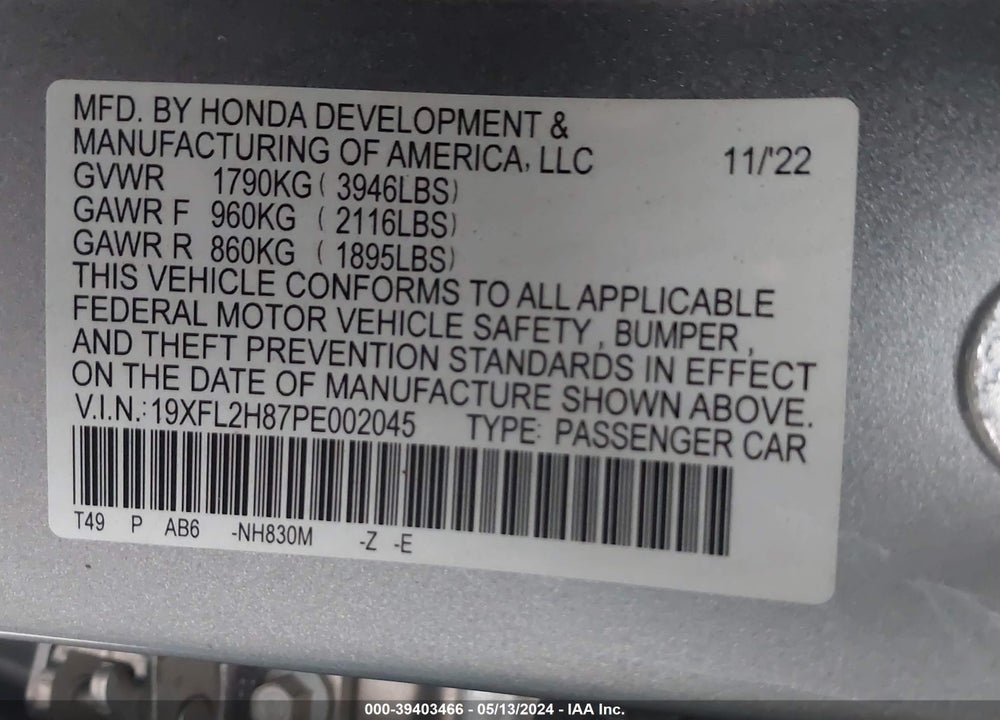 2023 HONDA CIVIC SPORT VIN: 19XFL2H87PE002045