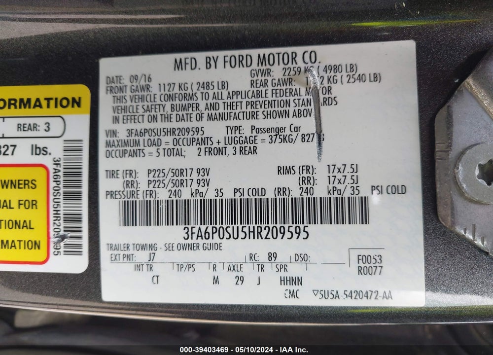 2017 FORD FUSION ENERGI TITANIUM VIN: 3FA6P0SU5HR209595