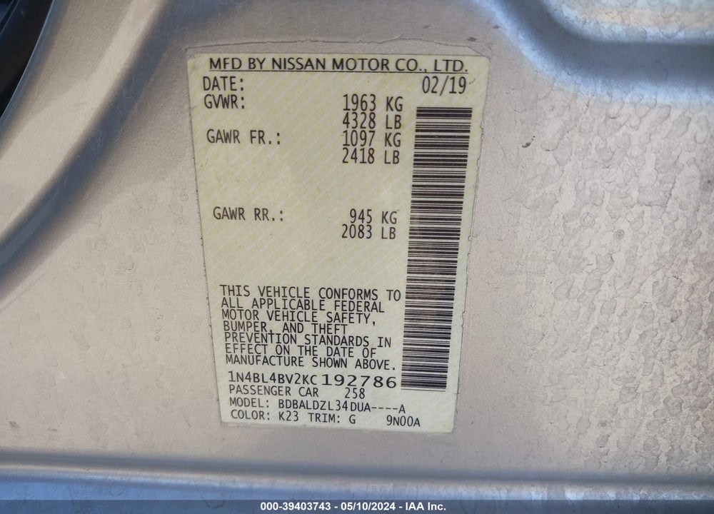 2019 NISSAN ALTIMA 2.5 S VIN: 1N4BL4BV2KC192786