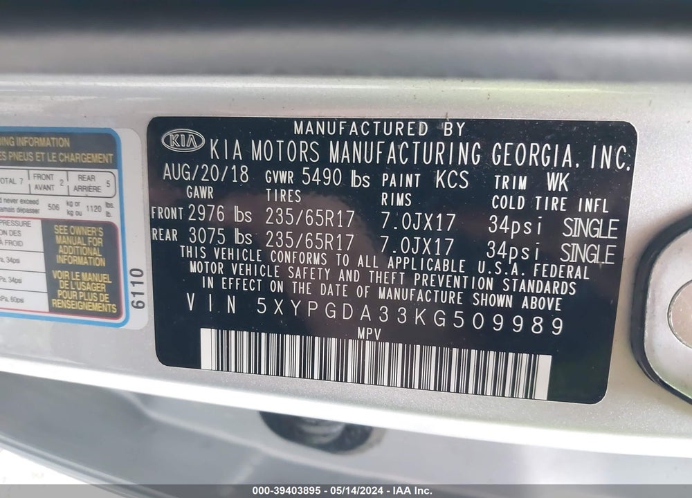 2019 KIA SORENTO 2.4L LX VIN: 5XYPGDA33KG509989