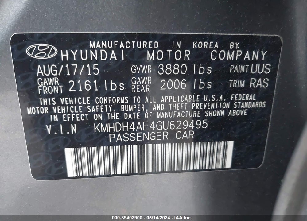 2016 HYUNDAI ELANTRA SE VIN: KMHDH4AE4GU629495