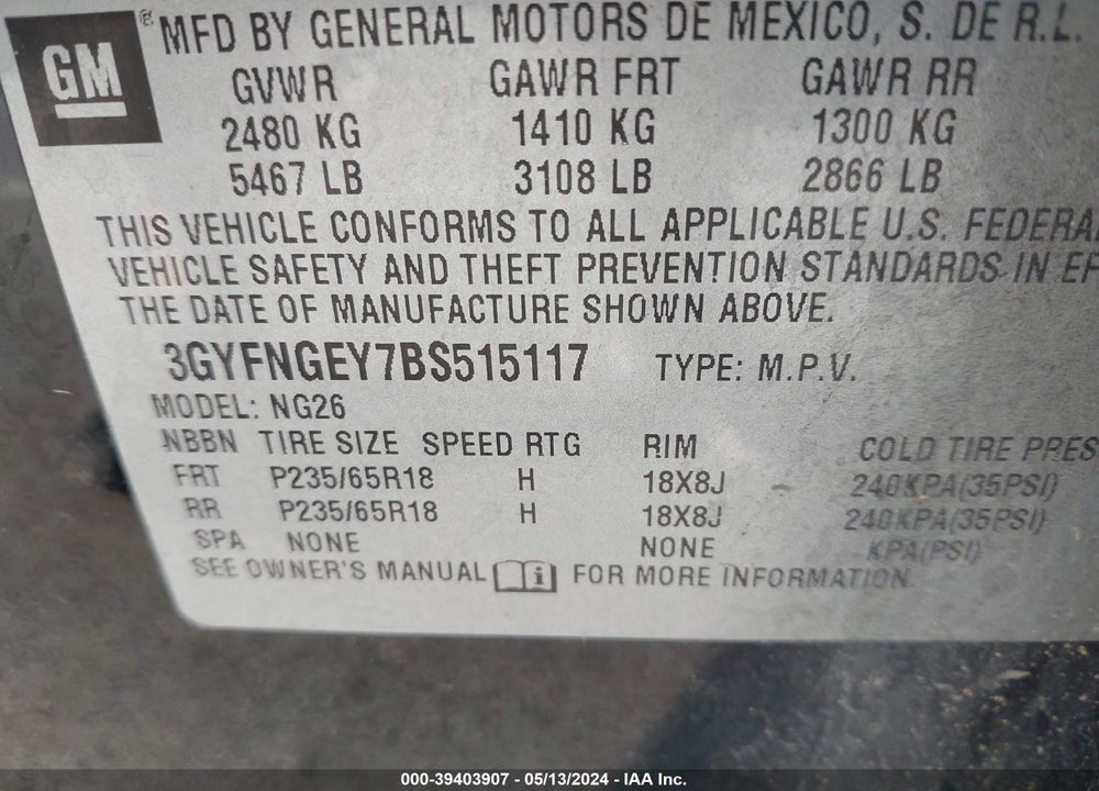 2011 CADILLAC SRX STANDARD VIN: 3GYFNGEY7BS515117