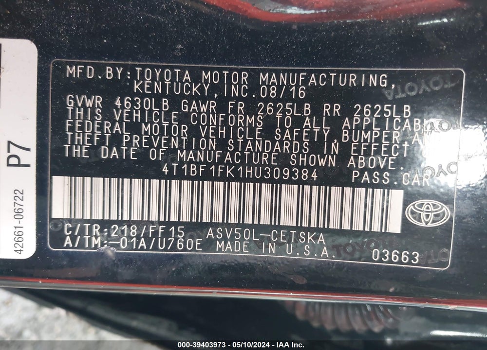2017 TOYOTA CAMRY SE VIN: 4T1BF1FK1HU309384