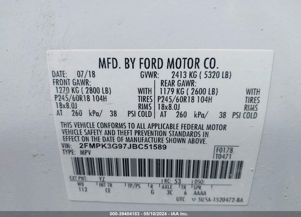2018 FORD EDGE SE VIN: 2FMPK3G97JBC51589