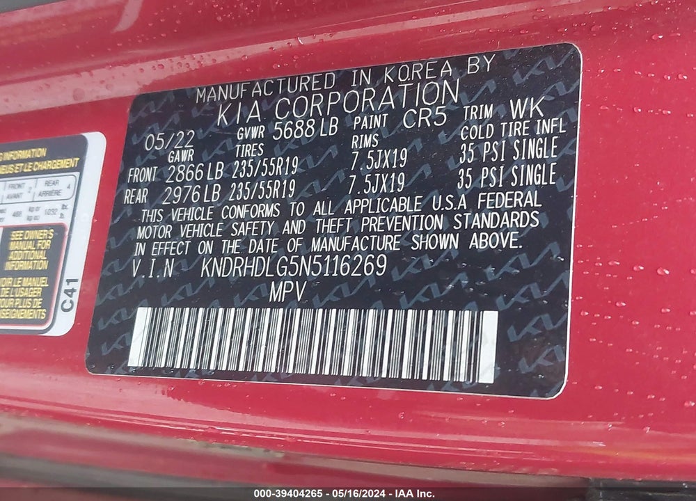 2022 KIA SORENTO HYBRID EX VIN: KNDRHDLG5N5116269
