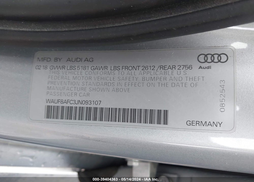 2018 AUDI A6 2.0T PREMIUM/2.0T SPORT VIN: WAUF8AFC3JN093107