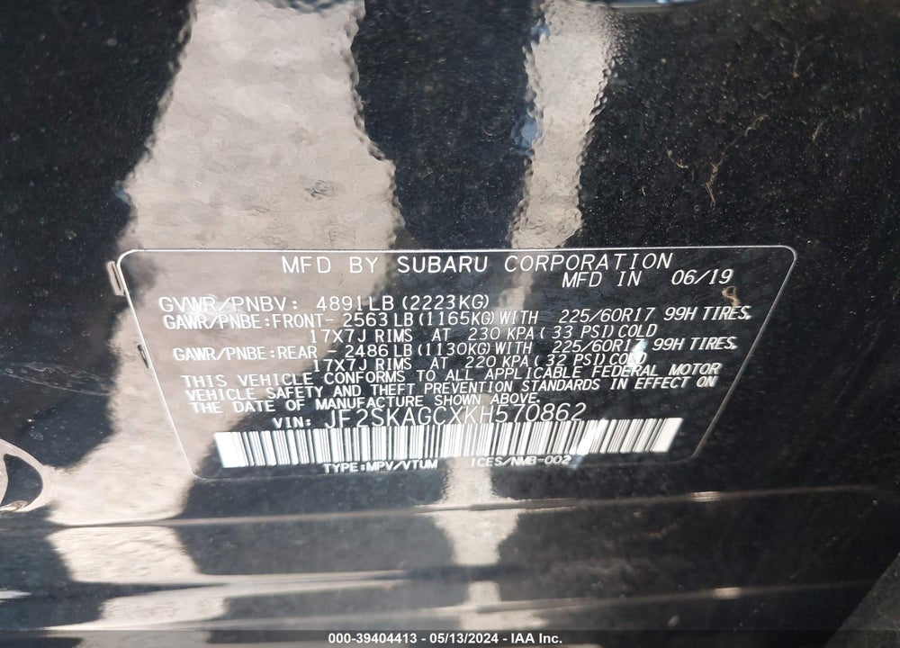 2019 SUBARU FORESTER PREMIUM VIN: JF2SKAGCXKH570862