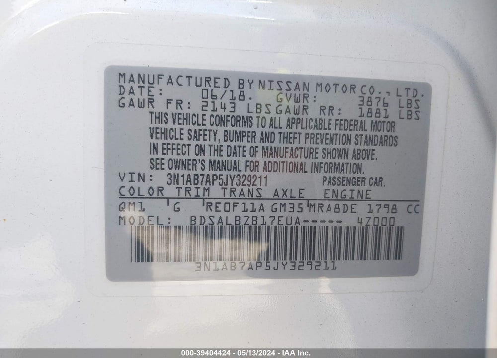 2018 NISSAN SENTRA S VIN: 3N1AB7AP5JY329211