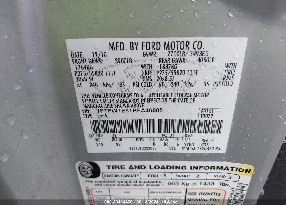2011 FORD F-150 PLATINUM VIN: 1FTFW1E61BFA46805