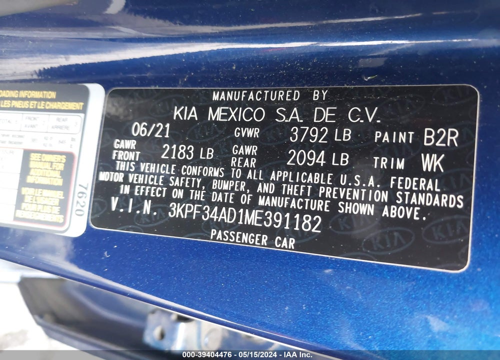 2021 KIA FORTE GT LINE VIN: 3KPF34AD1ME391182