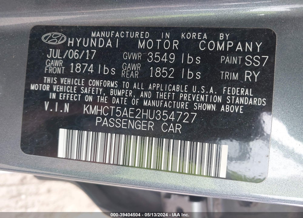 2017 HYUNDAI ACCENT SE VIN: KMHCT5AE2HU354727