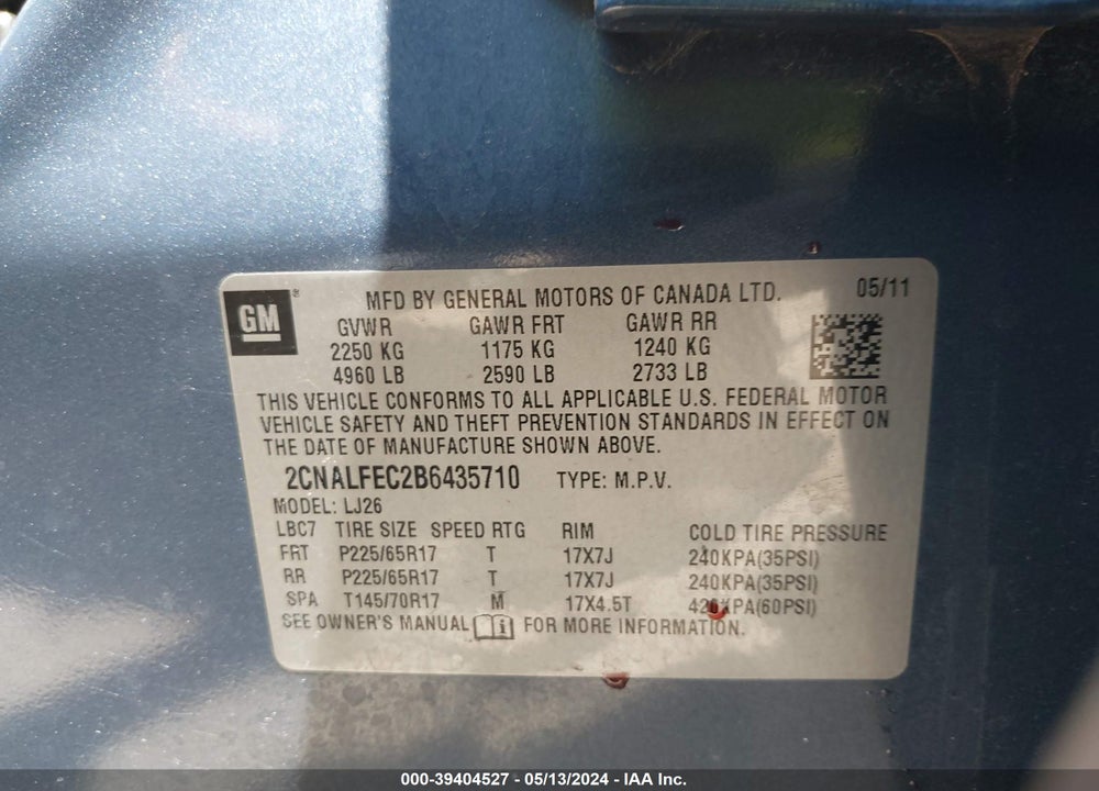 2011 CHEVROLET EQUINOX LTZ VIN: 2CNALFEC2B6435710