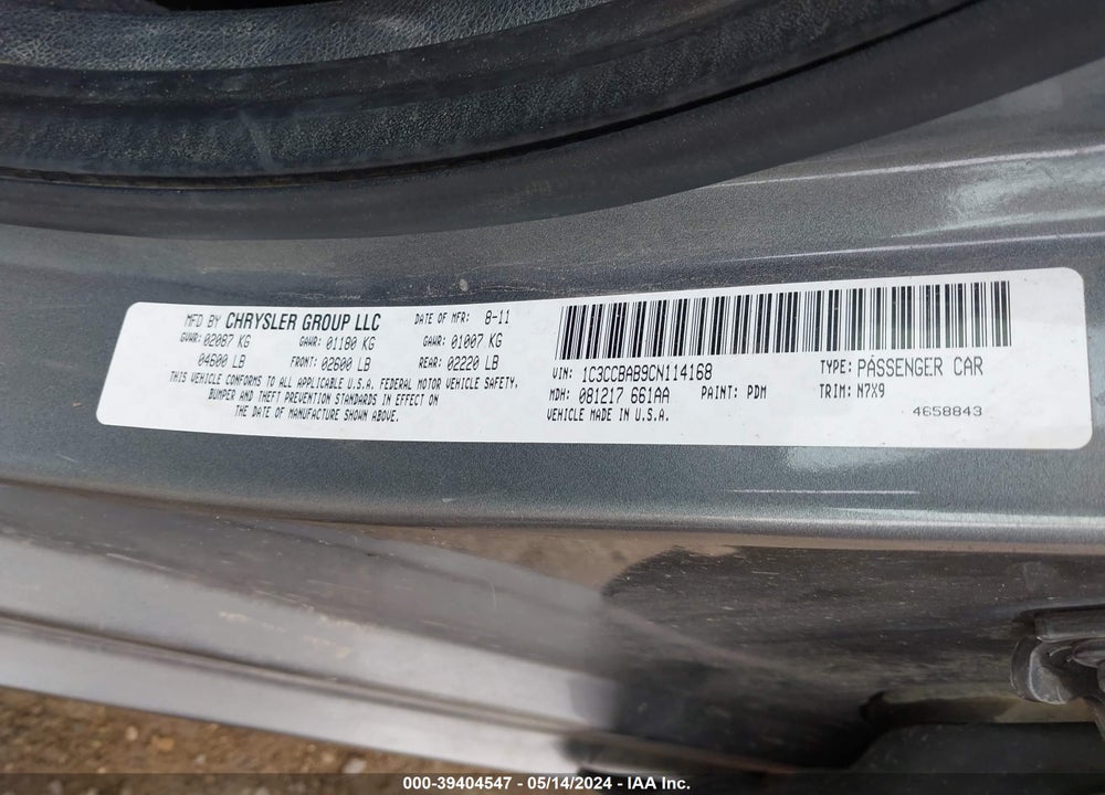 2012 CHRYSLER 200 LX VIN: 1C3CCBAB9CN114168