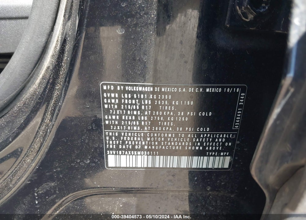 2019 VOLKSWAGEN TIGUAN 2.0T S VIN: 3VV1B7AX5KM036111