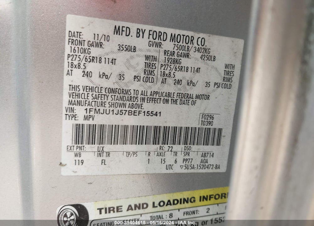 2011 FORD EXPEDITION XLT VIN: 1FMJU1J57BEF15541