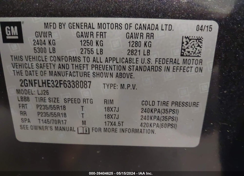 2015 CHEVROLET EQUINOX LTZ VIN: 2GNFLHE32F6338087