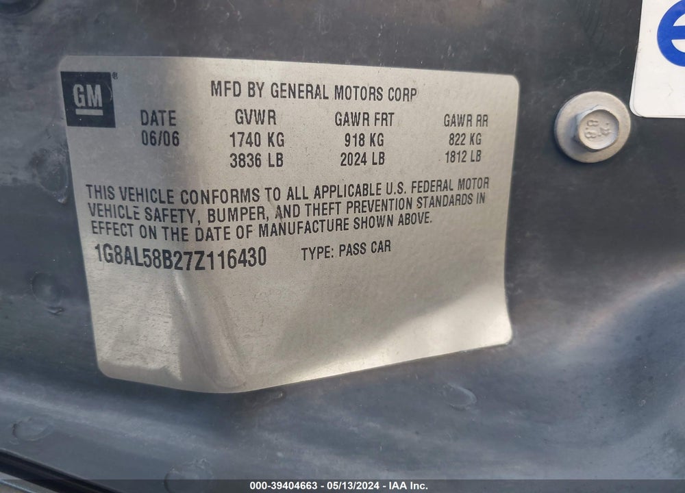 2007 SATURN ION 3 VIN: 1G8AL58B27Z116430
