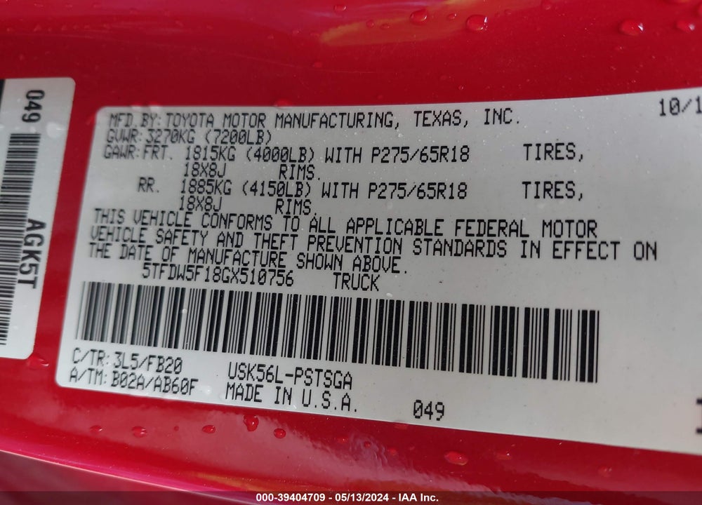 2016 TOYOTA TUNDRA SR5 5.7L V8 VIN: 5TFDW5F18GX510756