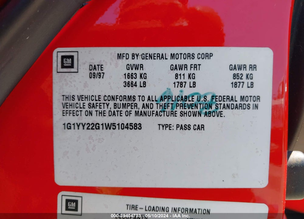 1998 CHEVROLET CORVETTE VIN: 1G1YY22G1W5104583