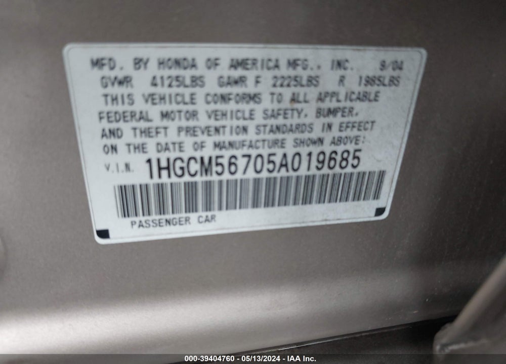2005 HONDA ACCORD 2.4 EX VIN: 1HGCM56705A019685