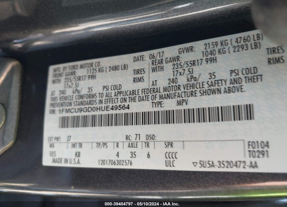 2017 FORD ESCAPE SE VIN: 1FMCU9GD0HUE49564