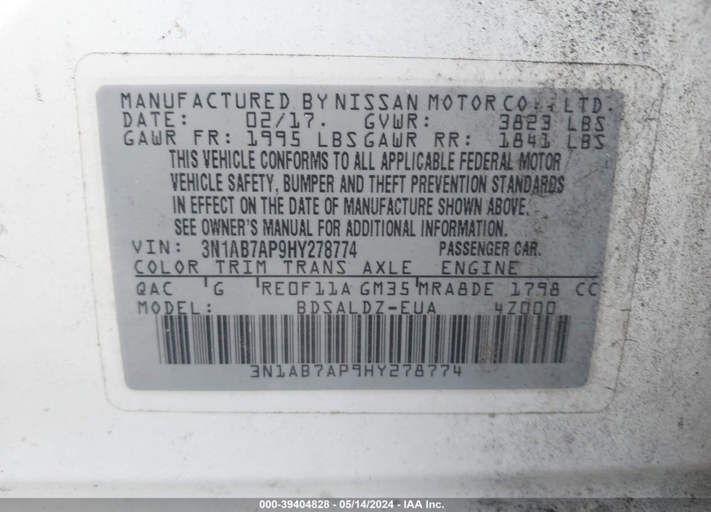 2017 NISSAN SENTRA SV VIN: 3N1AB7AP9HY278774