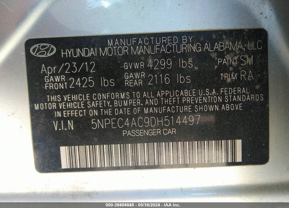 2013 HYUNDAI SONATA LIMITED VIN: 5NPEC4AC9DH514497
