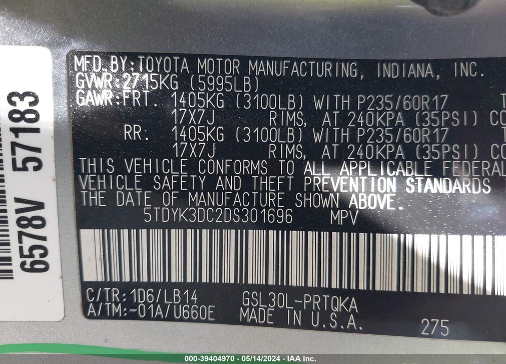 2013 TOYOTA SIENNA XLE V6 8 PASSENGER VIN: 5TDYK3DC2DS301696