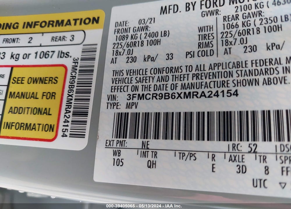 2021 FORD BRONCO SPORT BIG BEND VIN: 3FMCR9B6XMRA24154