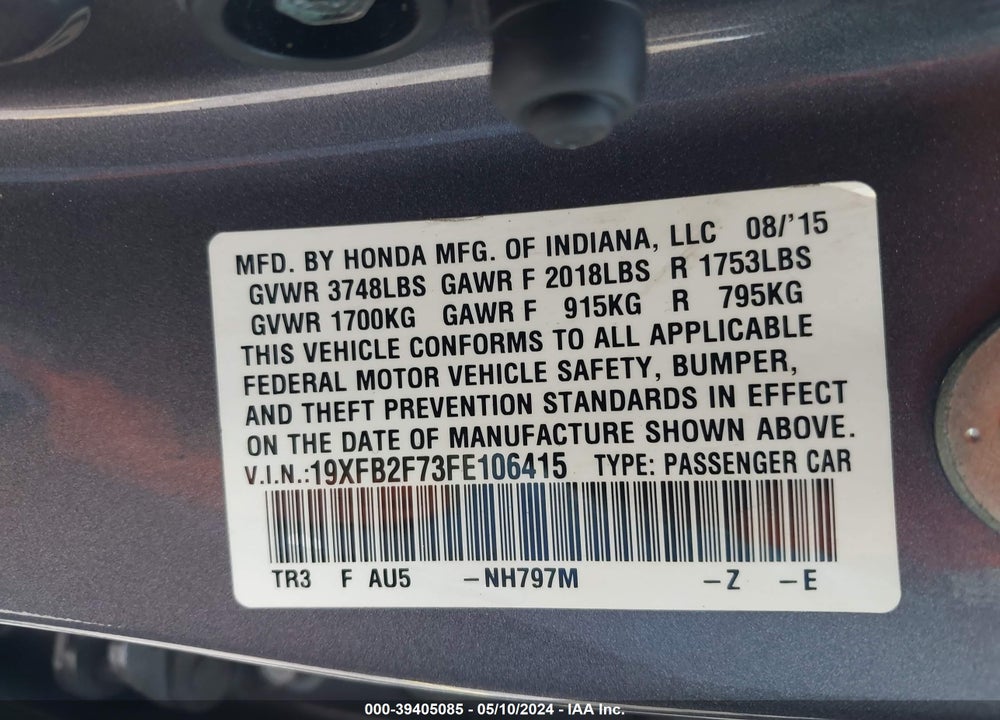 2015 HONDA CIVIC VIN: 19XFB2F73FE106415